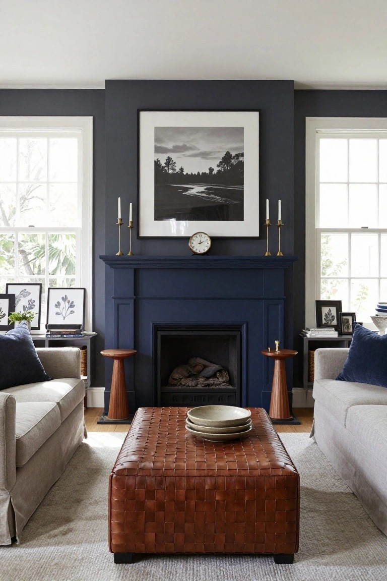 Living room with navy blue walls and fireplace mantel, cream sofas flanking a central brown leather ottoman, gold candlesticks and clock on mantel, large black-and-white landscape photo above, side tables with plants.