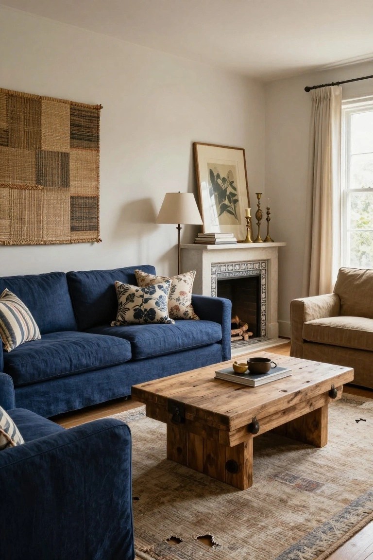 Living room interior with navy blue corduroy L-shaped sofa and matching armchair, low rectangular rustic wooden coffee table on a beige rug, white-tiled fireplace with logs, woven wall hanging, lamp, and framed artwork.
