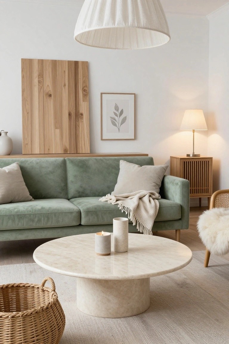 A cozy living room with a sage green velvet three-seater sofa, round white marble coffee table, wooden sideboard, table lamp, sheepskin armchair, and woven basket on a light rug.
