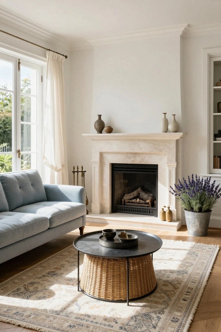 Stone Fireplace in a Light Living Room