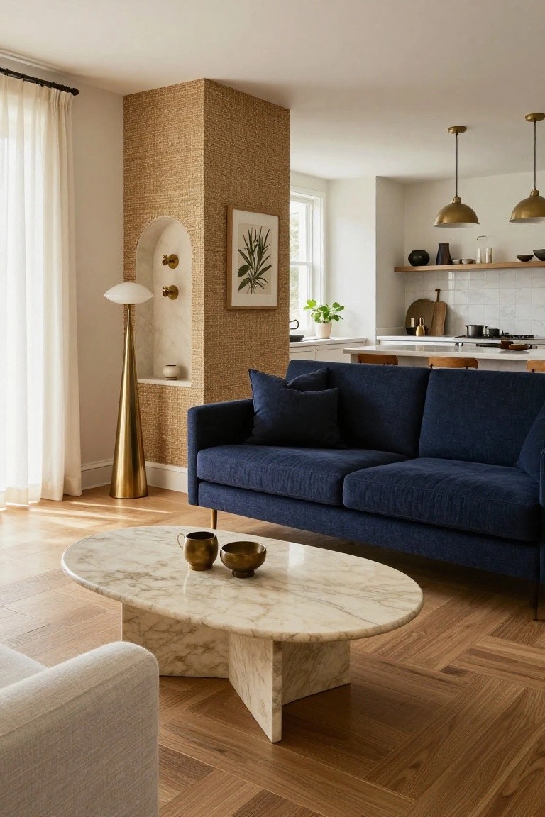 Living room with navy blue sofa, oval white marble coffee table with brass cups, tall conical brass floor lamp in arched niche on textured rattan wallpaper wall, wood floors, and kitchen in background.