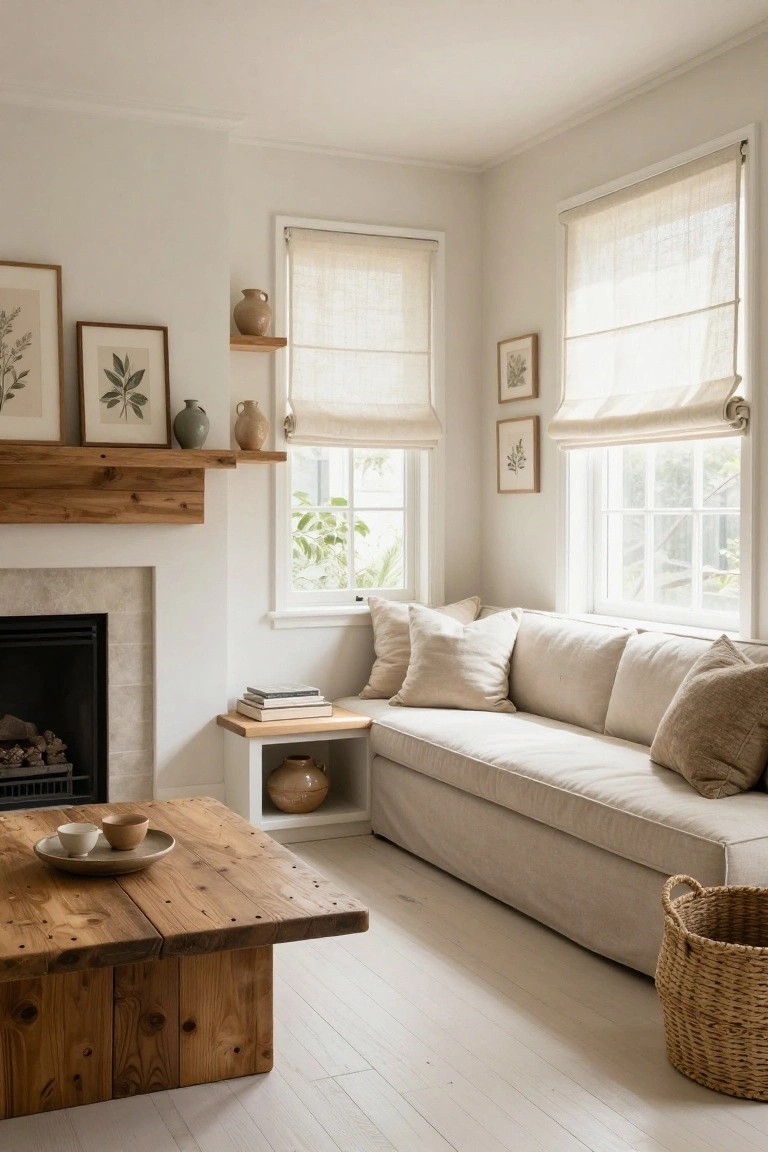 Sunlit living room corner with wooden fireplace mantel shelf displaying framed botanical art and ceramic vases, beige sofa with pillows, chunky wooden coffee table with pottery, side table, and large windows with sheer linen shades.