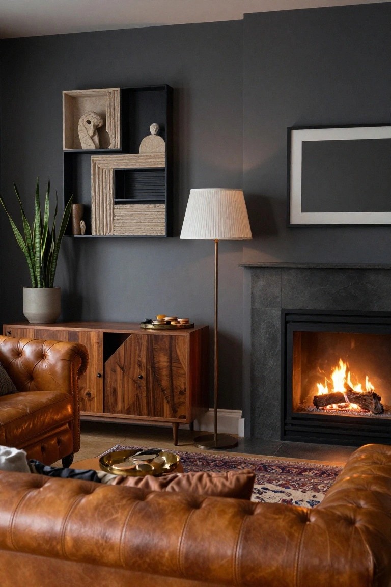 Living room with dark gray walls, black stone fireplace with burning logs, walnut credenza topped with trays, tan leather sofas, Persian rug, potted snake plant, floor lamp, and wall shelves with sculptures.
