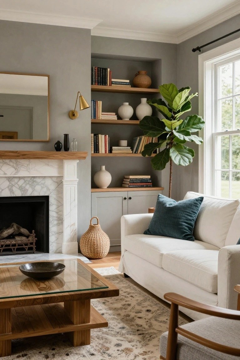 Living room with white marble fireplace topped by oak wood mantel, built-in shelves stocked with books and ceramics, white sofa with teal pillows, wood coffee table, and fiddle leaf fig plant by window.