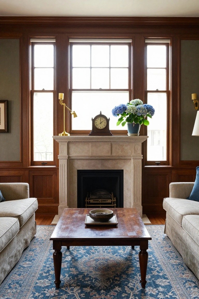 Living room with dark wood wall paneling, light stone fireplace mantel holding a brass clock and blue hydrangeas in a pot, two beige sofas facing each other across a wood coffee table, blue patterned rug, and large triple windows letting in daylight.