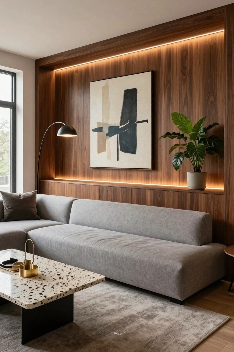 A transitional living room with full-height walnut wood paneling on one wall featuring integrated LED strip lighting, a large abstract canvas artwork, potted plant on a shelf, gray L-shaped sofa, arc floor lamp, terrazzo coffee table, and neutral rug.