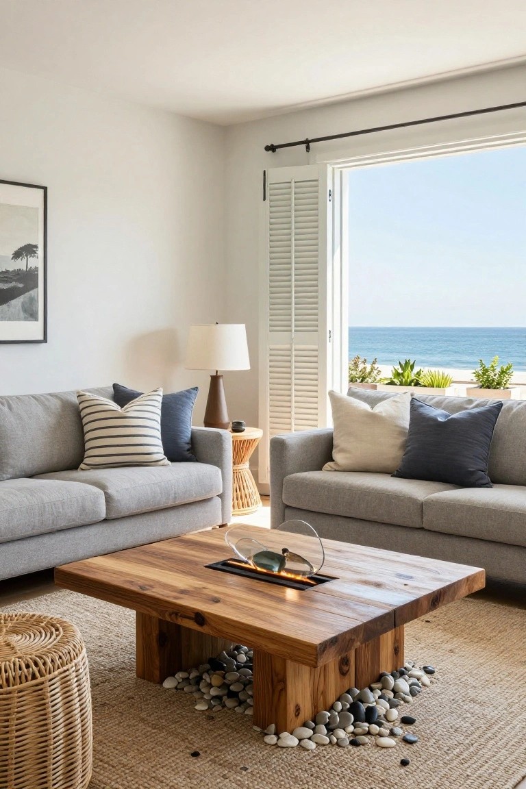 A transitional living room with two light gray sofas, pillows in stripes and solids, a rectangular wooden coffee table with embedded linear fire burner and pebbles below, rattan stool, lamp on rattan table, open white shutters to balcony with ocean view and potted plants.