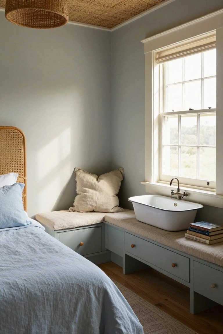 Bedroom corner featuring a built-in bench with beige cushions, a white rectangular enamel sink with brass faucet, stacked books beside it, adjacent to a bed with rattan headboard and blue linens, large window with view, gray walls, thatched ceiling, and hanging rattan lamp.