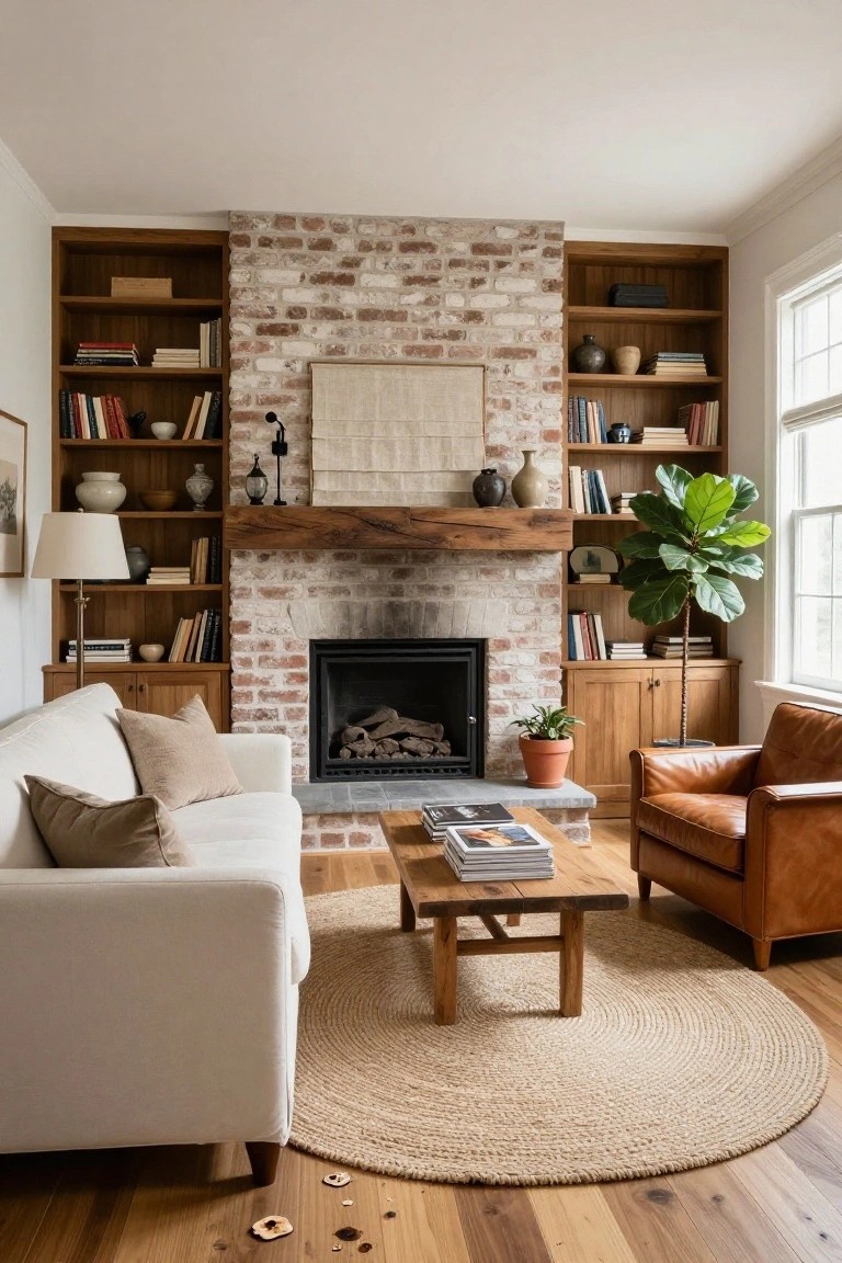 A living room with a white brick fireplace flanked by tall wooden built-in bookshelves filled with books, ceramics, and plants, plus a white sofa, leather armchair, wooden coffee table, and seagrass rug on hardwood floors.
