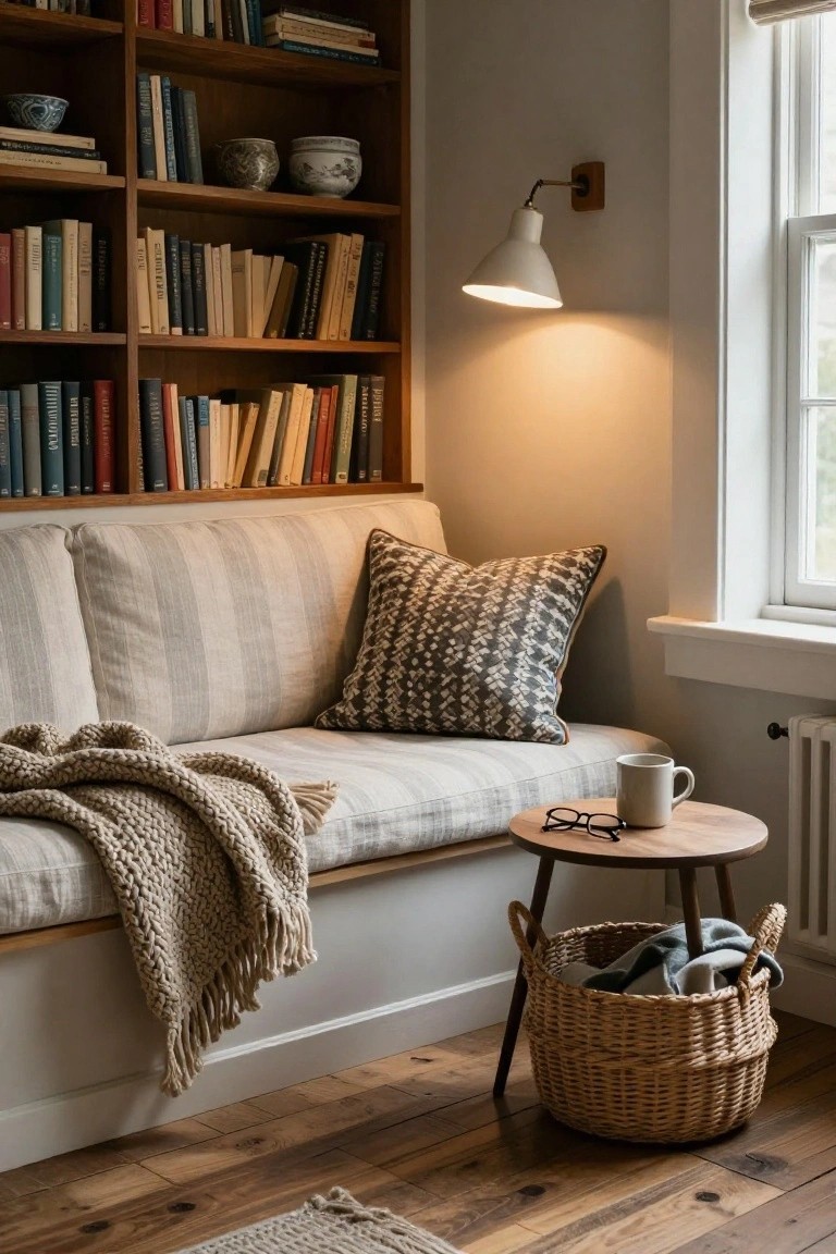 Wooden bookshelves line a corner with a built-in linen-upholstered bench seat under a window, topped with pillows and a knit throw, next to a small wooden side table holding glasses, a mug, and a wicker basket, illuminated by a white wall lamp.
