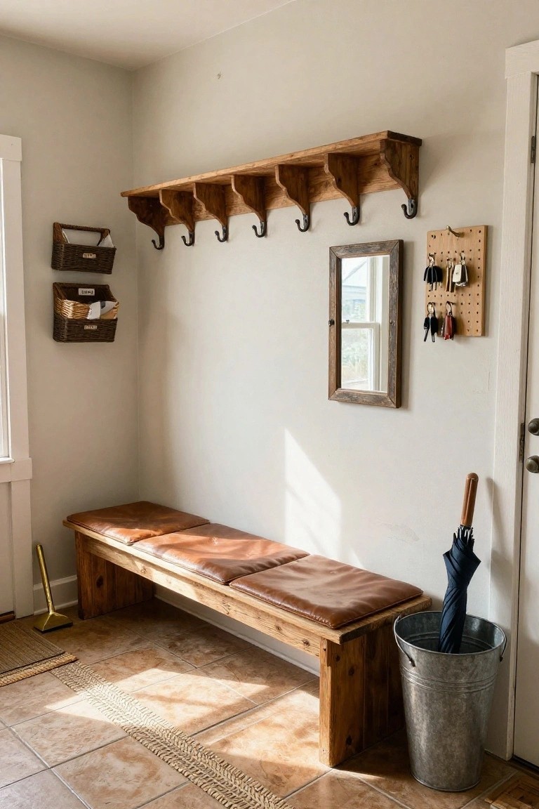 Entryway interior with wooden bench topped by three leather cushions, overhead wood shelf with coat hooks, two woven baskets on wall, rustic mirror, key pegboard, brass boot jack, blue umbrella in galvanized bucket, and white door.