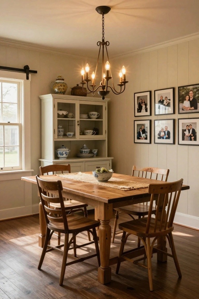 A farmhouse-style dining room with pale shiplap walls, wooden table and chairs, brass chandelier, white hutch displaying blue and white china, and framed family photos.