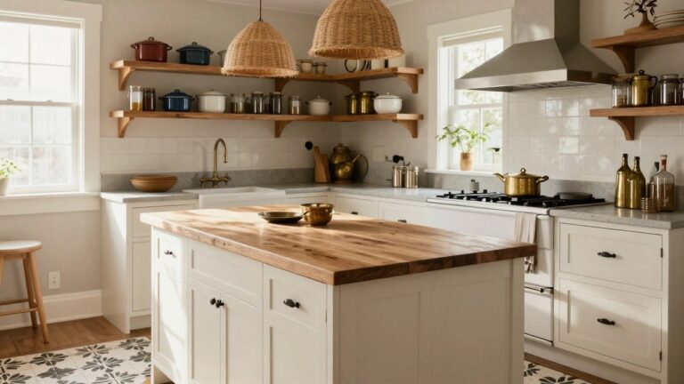 Bright kitchen interior with white shaker cabinets, wooden open shelves stocked with jars and pots, a leaning wooden ladder by the window, rattan pendant light, farmhouse sink with brass faucet, gold pot on gas stove, and blue-and-white tiled floor.