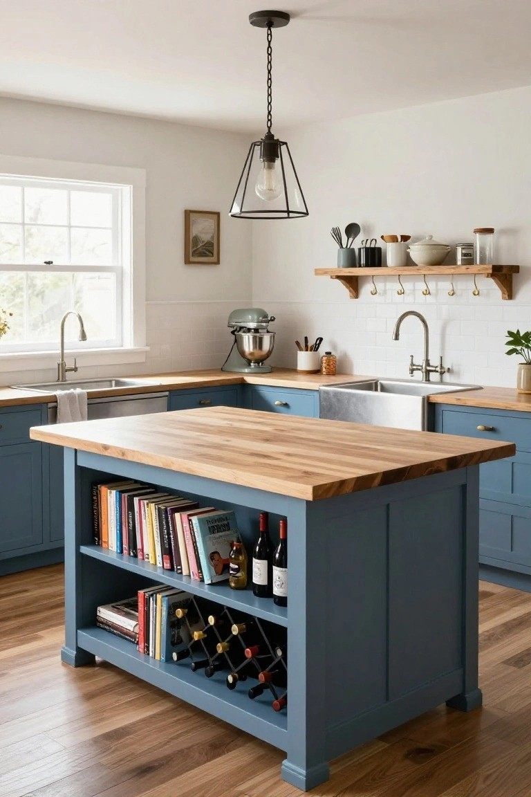 A navy blue painted kitchen island with a light wood butcher block top, open lower shelves displaying colorful books and wine bottles in a built-in rack, set in a white-walled kitchen with wood cabinets and subway tile backsplash.