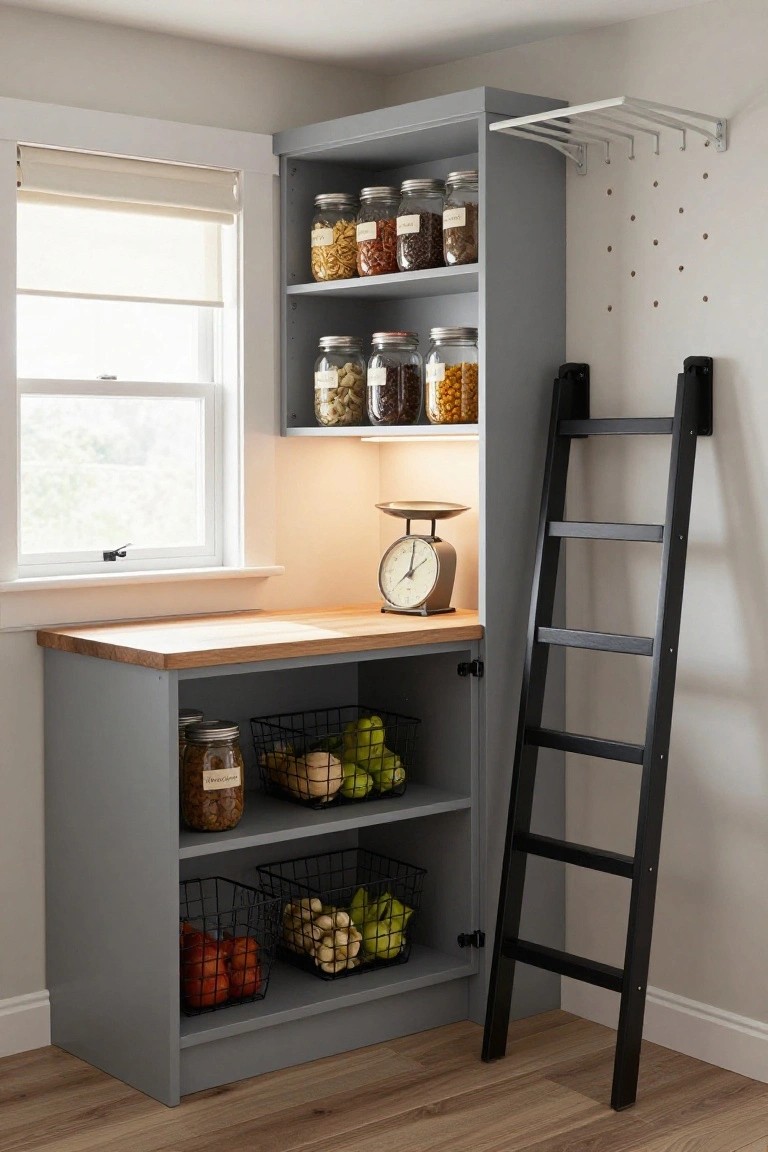 Corner kitchen cabinet in grey with wooden countertop, open shelves holding jars of dry goods and baskets of fruits and vegetables, black leaning ladder beside it, scale on counter, near a window with roller shade.