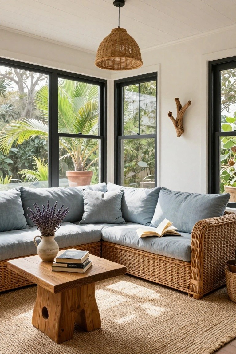 A bright living room corner with an L-shaped rattan sofa in light blue cushions, low wooden coffee table with books and a vase of lavender, seagrass rug, large black-framed windows showing palm trees and plants outside, white walls, and a woven pendant light.