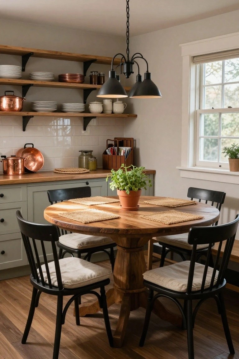 Farmhouse kitchen with sage green cabinets, open wood shelving displaying white plates and copper pots, round wooden pedestal table with black chairs and woven placemats, pendant lights overhead, and potted plants on counters and windowsill.