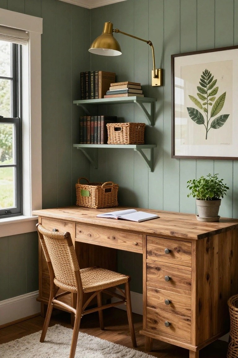 Home office interior with sage green vertical shiplap walls, wooden desk with rattan chair, floating green shelves holding books and wicker baskets, gold swing-arm lamp, large framed leaf artwork, and potted herb plant.