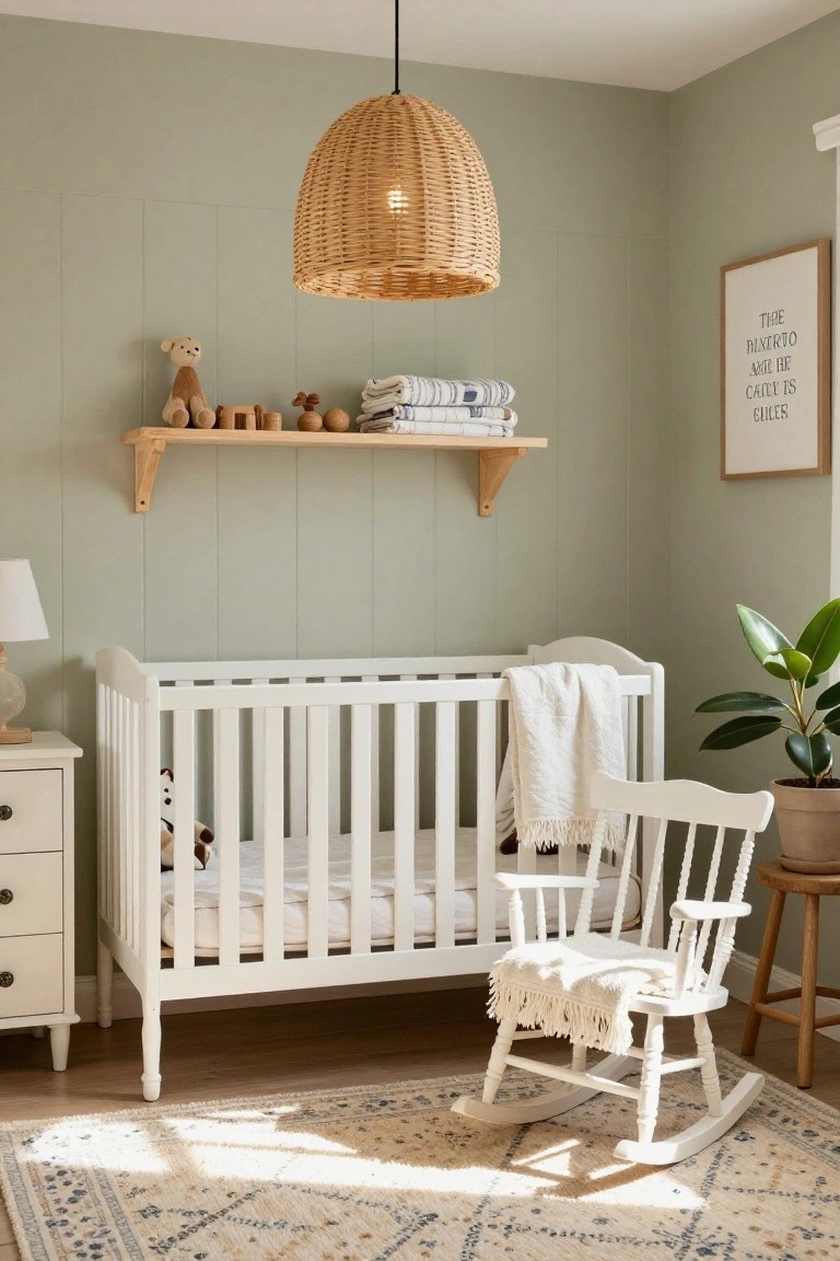 Sage green nursery room with white crib containing stuffed animals and blanket, wooden floating shelf holding toys and folded linens, white rocking chair with blanket, dresser, lamp, potted plant, and rattan pendant light.