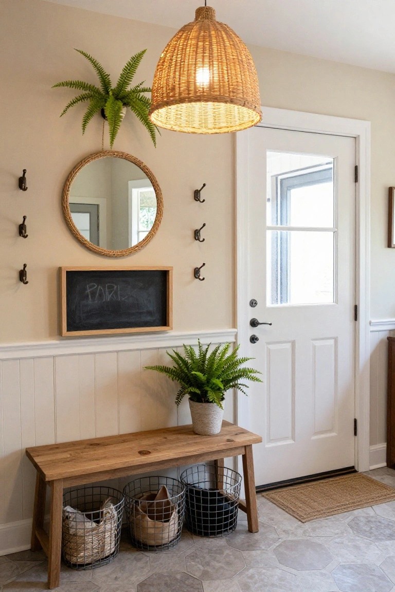 Interior entryway with a wooden bench holding three metal baskets with shoes and bags underneath, brass hooks on the wall, a round rattan mirror, a small framed chalkboard reading "PARK," potted ferns, a woven pendant light, white wainscoting, and a white door on gray hexagonal tile flooring.