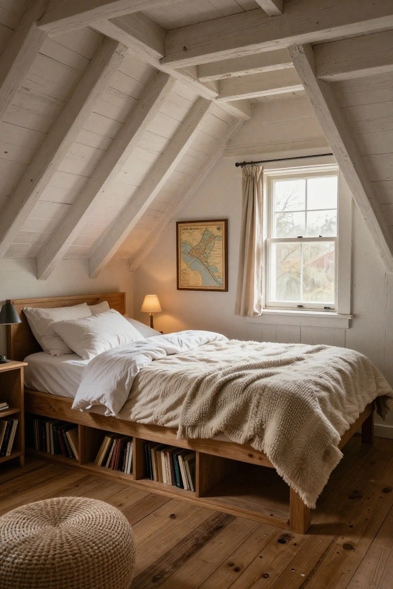 Attic bedroom with sloped white wooden beam ceiling, wooden platform bed with built-in bookshelves, white bedding, bedside lamp, framed map on wall, curtained window, and wicker pouf on hardwood floor.