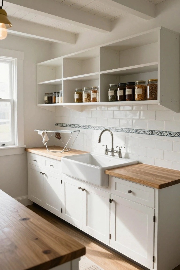 White shaker-style kitchen cabinets with open shelves holding glass jars of spices and grains, light wood butcher block countertops, white farmhouse sink, subway tile backsplash with blue accents, and a metal drying rack with clothes near a window.