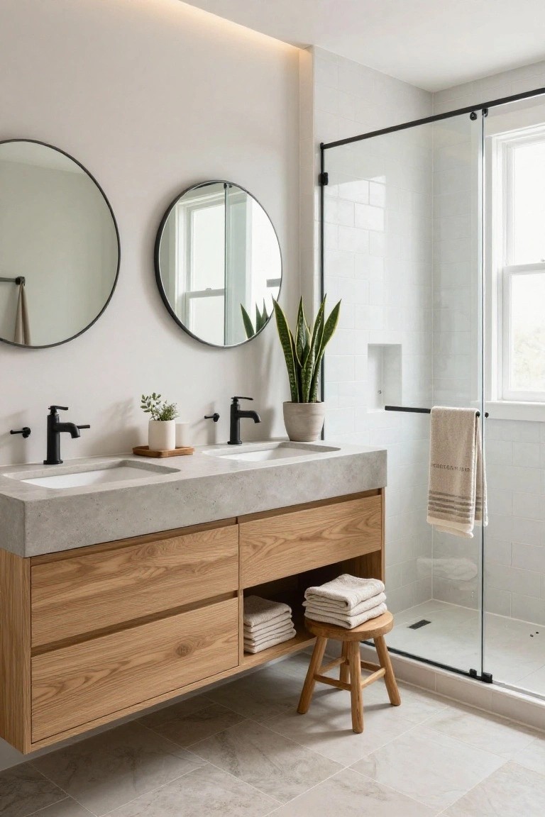 Bathroom featuring a floating oak wood vanity with gray concrete countertop and two integrated sinks, matte black faucets, round black-framed mirrors, potted plants, towels, a wooden stool, and a glass shower enclosure with white tile walls.