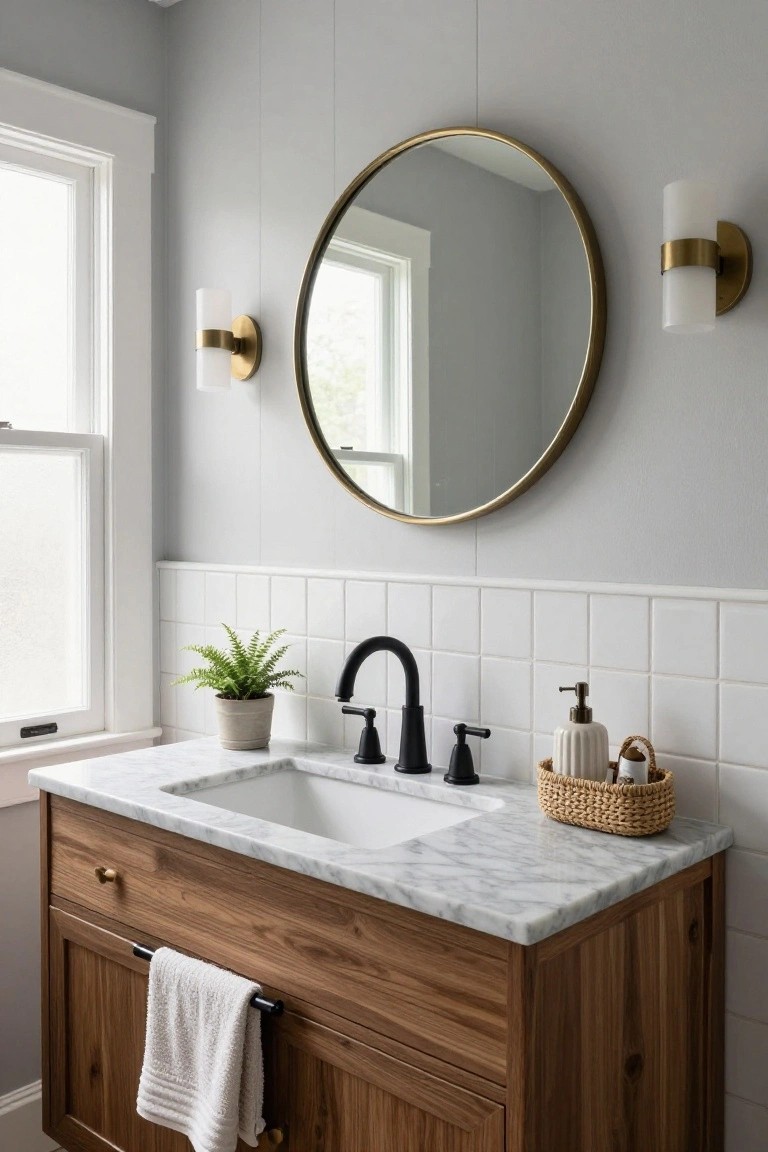 Bathroom vanity of warm wood cabinets with white marble countertop and undermount sink, matte black faucet, white subway tile backsplash, potted fern, woven basket with soap dispenser, round gold mirror, sconces, gray walls, and window.