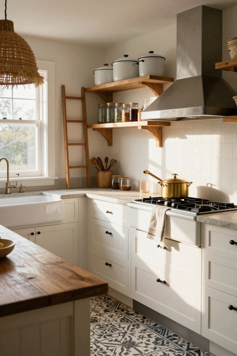 Bright kitchen interior with white shaker cabinets, wooden open shelves stocked with jars and pots, a leaning wooden ladder by the window, rattan pendant light, farmhouse sink with brass faucet, gold pot on gas stove, and blue-and-white tiled floor.