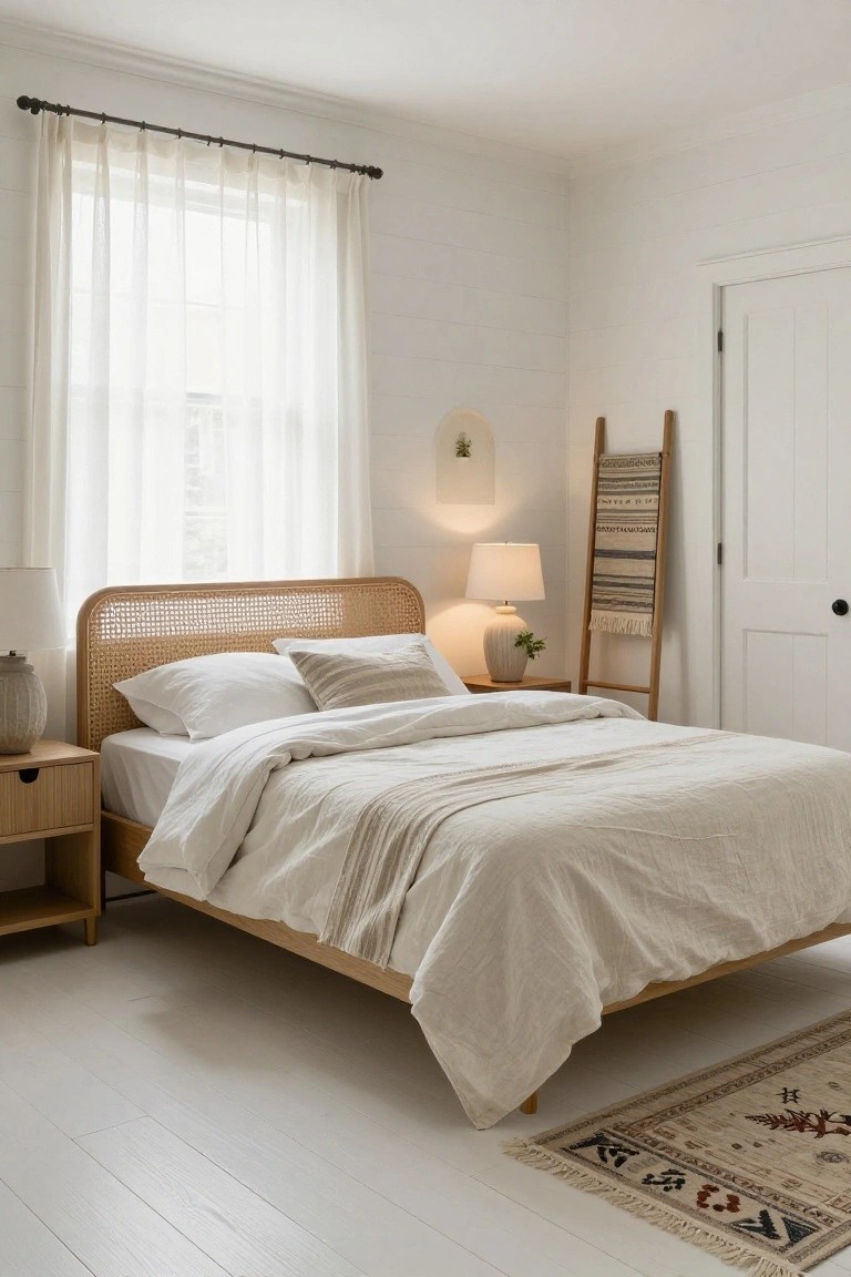 Minimalist bedroom with rattan bed, white linens, and wooden ladder decor.
