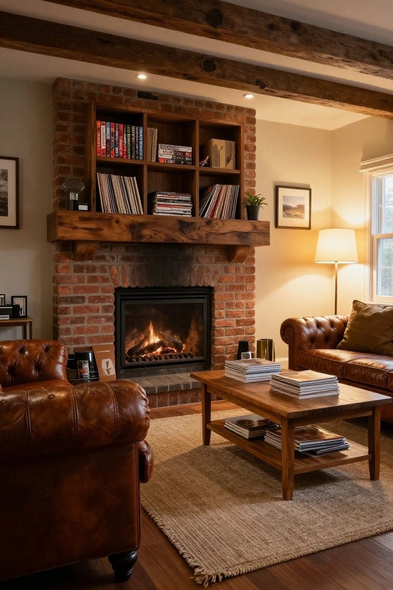 A cozy living room with a lit brick fireplace integrated with wooden bookshelves on both sides, two brown leather armchairs, a wooden coffee table with stacked magazines, and warm lighting.