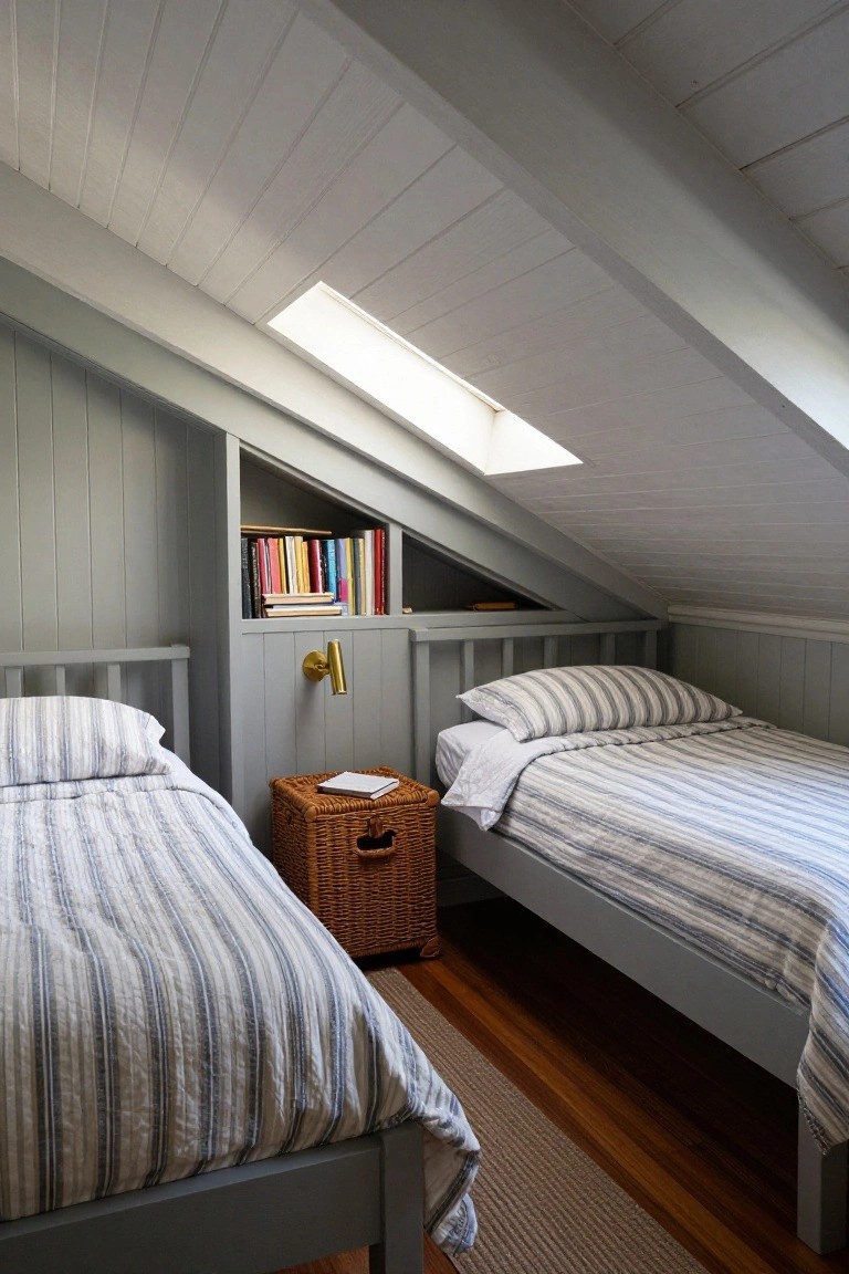 Attic bedroom with gray paneled walls, sloped white ceilings, skylight, built-in bookshelves in the eaves, two gray twin beds with white striped linens, wicker side table, and wood floors.
