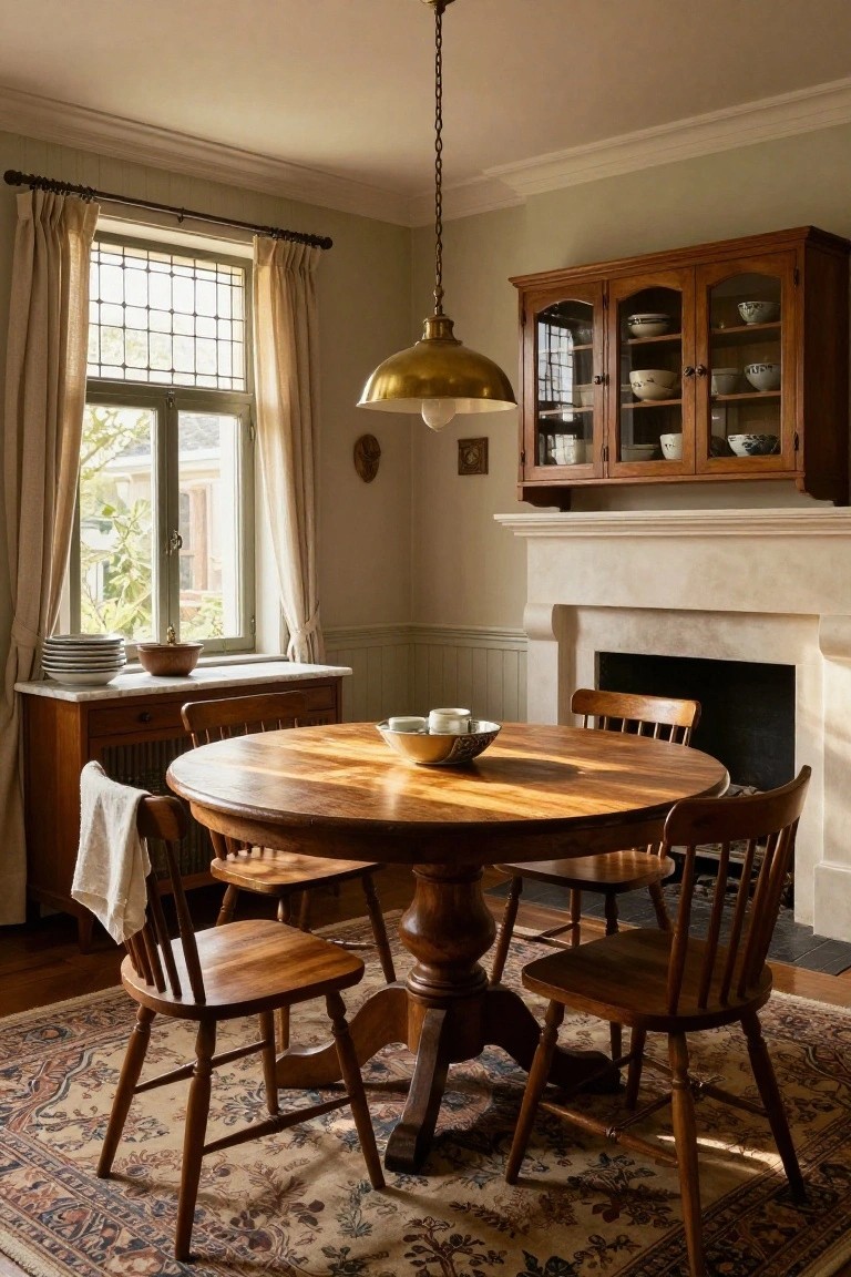 Sunlit dining room interior with round wooden pedestal table, four wooden spindle chairs, wooden sideboard topped with plates and bowl, glazed wooden china cabinet, marble fireplace, and large leaded window.