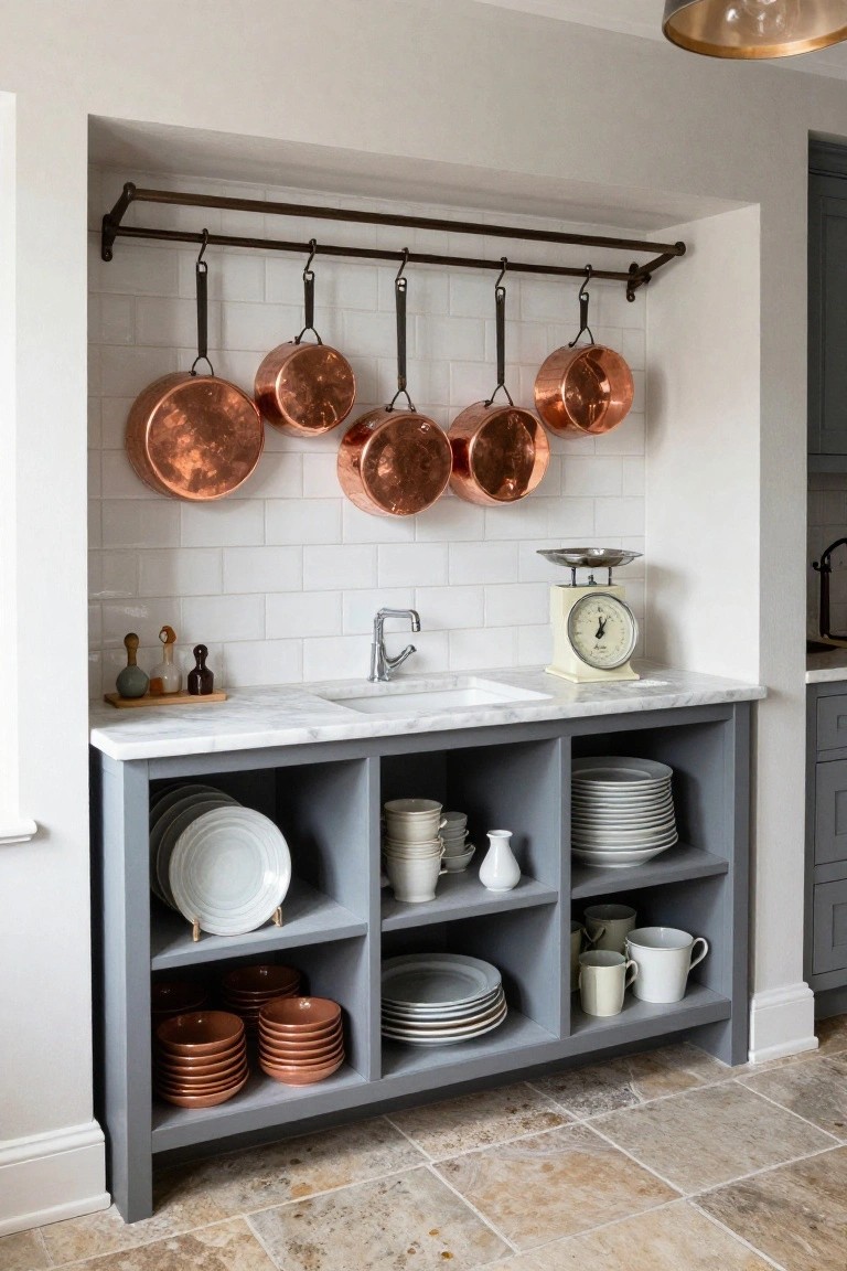 Kitchen nook with white marble counter, stainless sink, cream scale, copper pots hanging from black iron rail on white subway tile backsplash, open gray cabinets storing white plates, bowls, and cups.