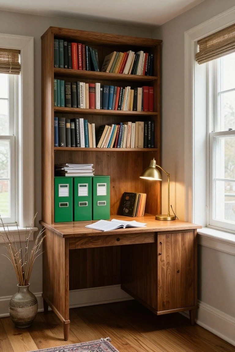 Wooden corner bookshelf unit with integrated desk surface, filled with books on shelves, green file boxes, brass desk lamp, open notebook, and nearby potted dried branches in a room with windows and hardwood floor.