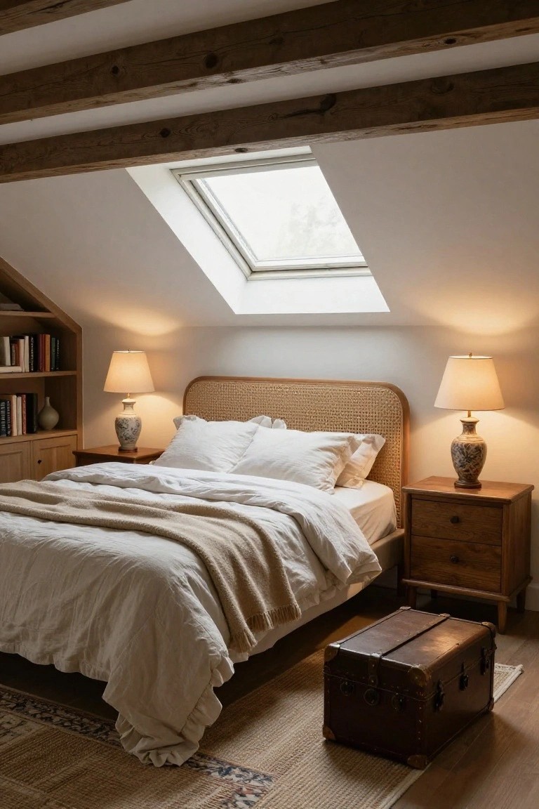 Attic bedroom with exposed wooden beams on sloped white ceiling, skylight window, rattan headboard bed with white sheets and beige throw, wooden nightstands with ceramic lamps, bookshelf cabinet, leather trunk, and seagrass rug on hardwood floor.