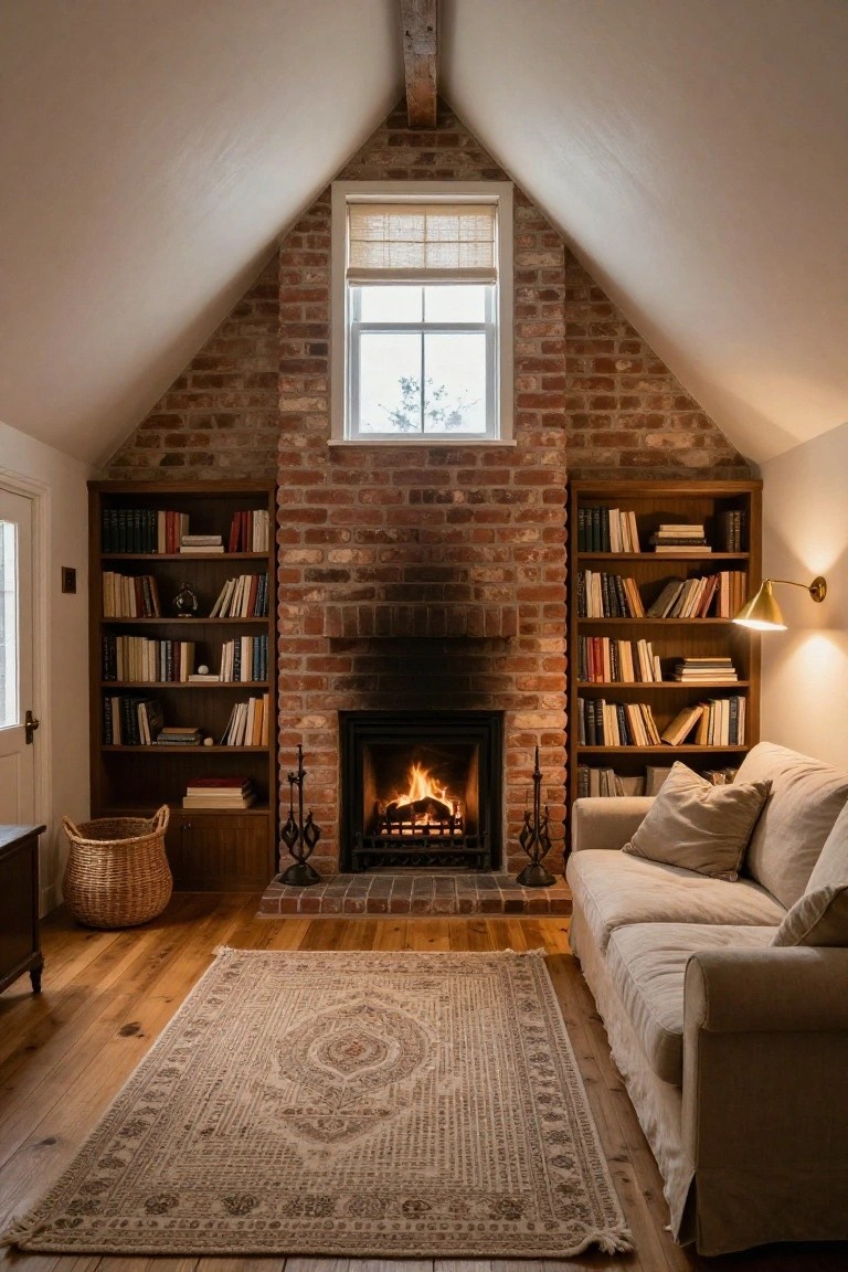 Cozy attic living room with brick fireplace, bookshelves, sofa, and patterned rug.