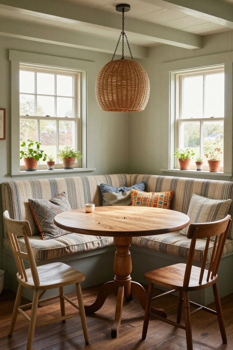 Corner banquette with striped and patterned pillows in a sage green kitchen nook, round wooden pedestal table, wooden chairs, potted plants on windowsills, and woven pendant light overhead.