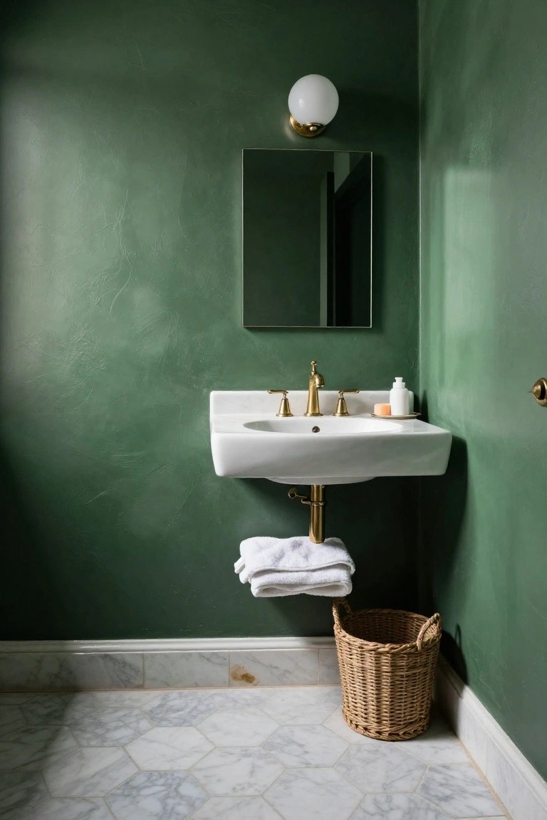 Small powder room with deep green textured walls, white wall-mounted sink with gold faucets, rectangular frameless mirror above sink, white globe wall light, hanging white towels, wicker basket on hexagonal white marble floor tiles, and white baseboard trim.