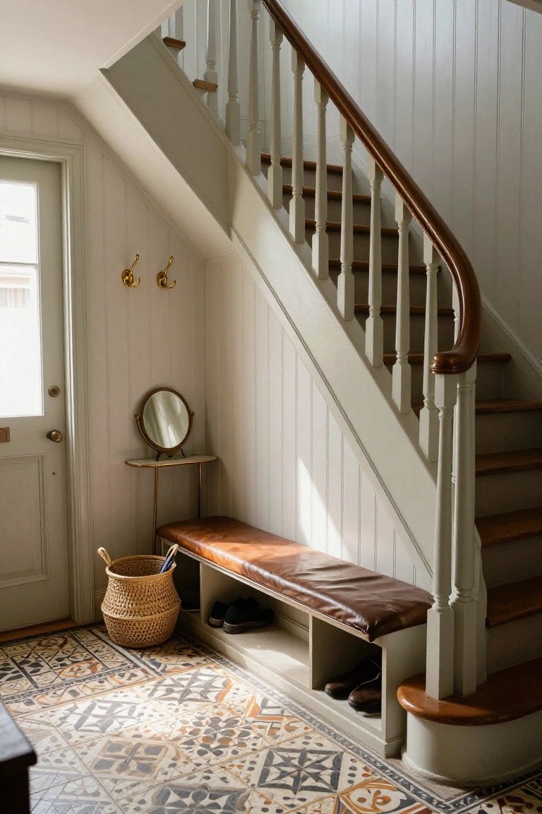 Interior photo of a narrow entryway with a curved wooden staircase, built-in bench with brown leather cushion and open shoe storage cubbies underneath, wicker basket, gold wall hooks, round mirror on metal stand, and patterned tile floor.