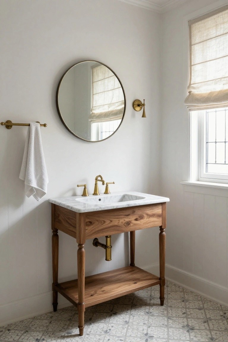 A white-walled bathroom with a wooden console vanity featuring turned legs, white marble sink top, brass faucet, round brass mirror, brass towel bar holding a white towel, linen roman shade on window, and gray patterned tile floor.