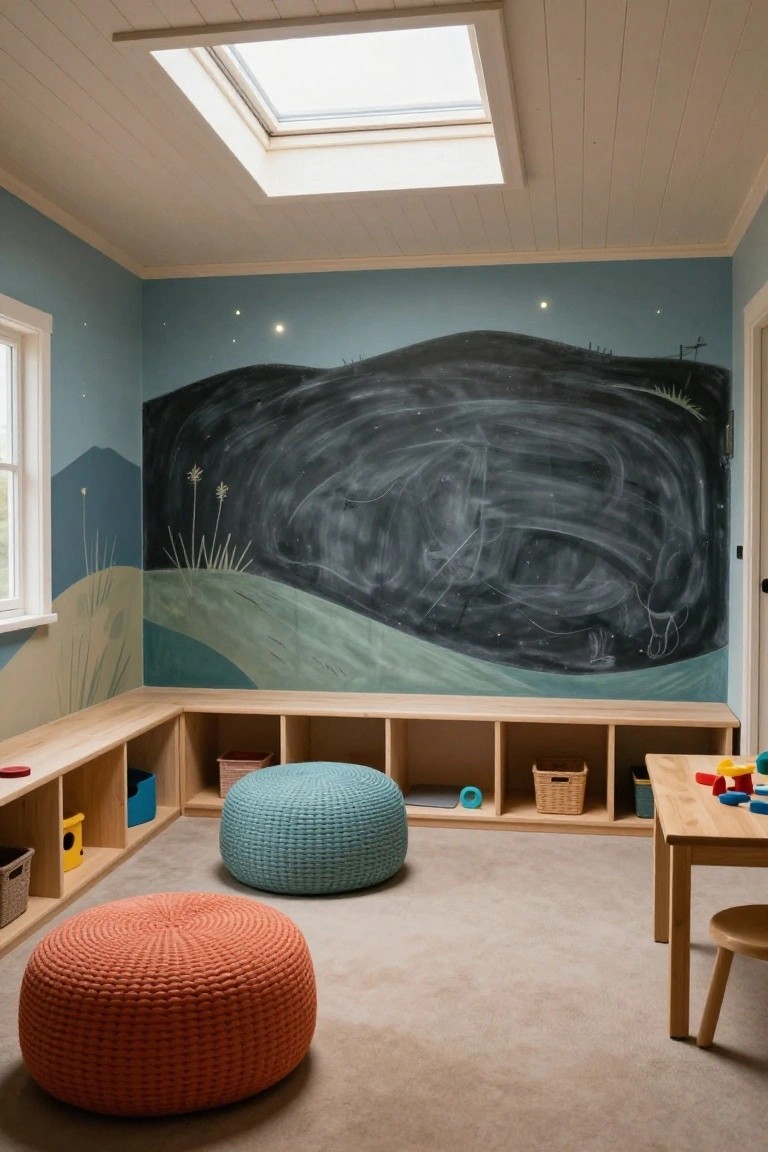 Children's playroom interior with L-shaped wooden built-in bench seating and storage cubbies along blue walls painted with a landscape mural and chalkboard, colorful pouf ottomans, small table with toys, and skylight overhead.