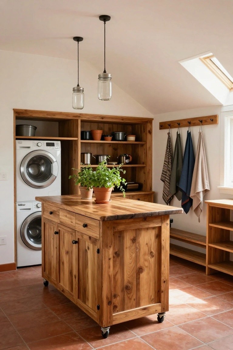 Laundry room interior with white front-loading washer and dryer inside wooden cabinetry, a central wooden island on casters topped with potted plants, hanging linens on wall hooks, open shelving with ceramics, and mason jar pendant lights overhead.