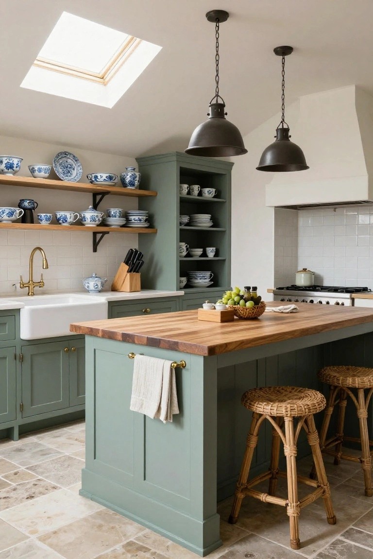 Kitchen interior with sage green painted cabinets, wooden island countertop, white farmhouse sink, brass faucet, open wooden shelves displaying blue and white china, and rattan barstools on a stone tile floor.