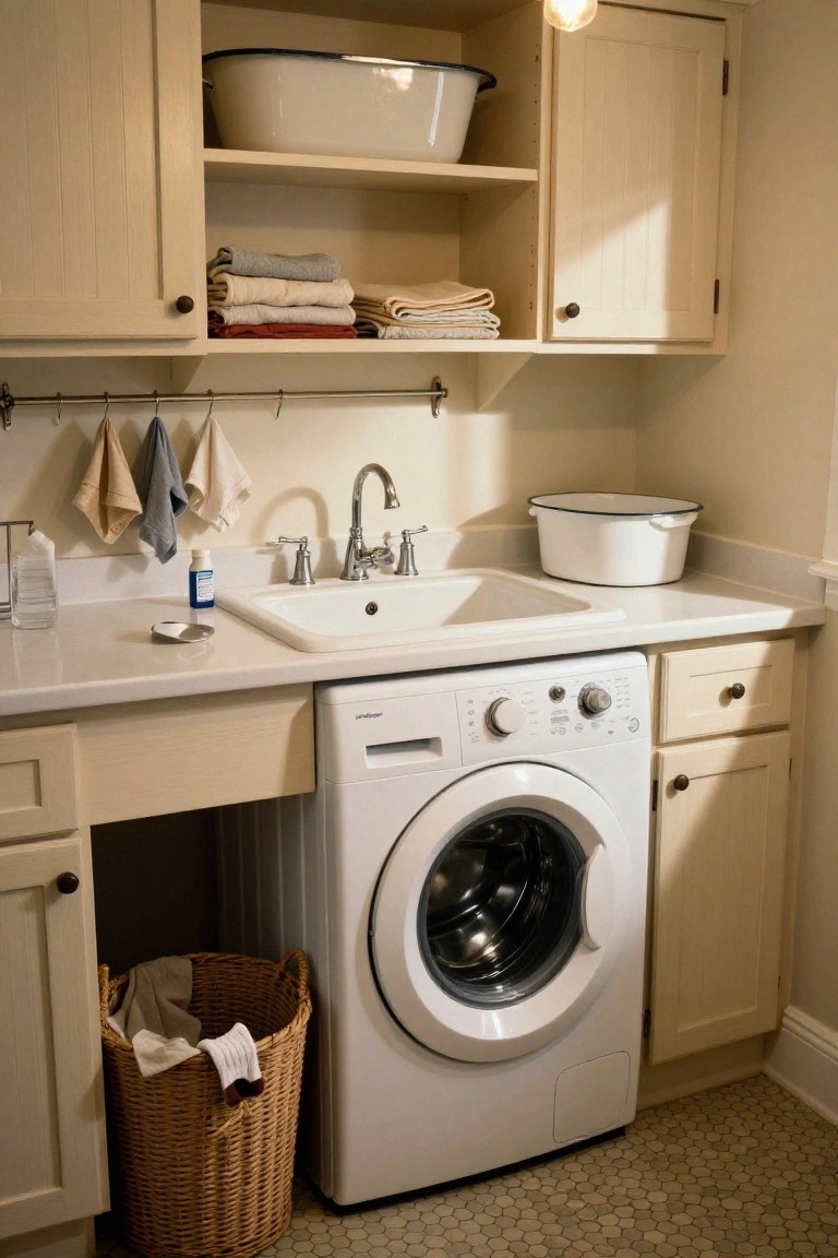 Laundry room with white washer, sink, cabinets, and wicker basket.