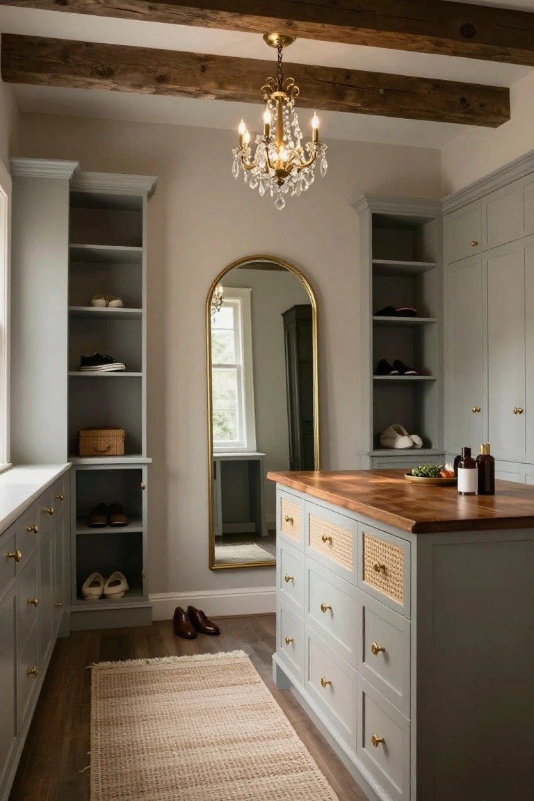 Walk-in closet with tall gray built-in cabinets featuring open shelves for shoes and bags, a central wood-topped island with rattan-front drawers and gold hardware, arched gold mirror, crystal chandelier, and exposed wooden beams on beige walls over wood floors.