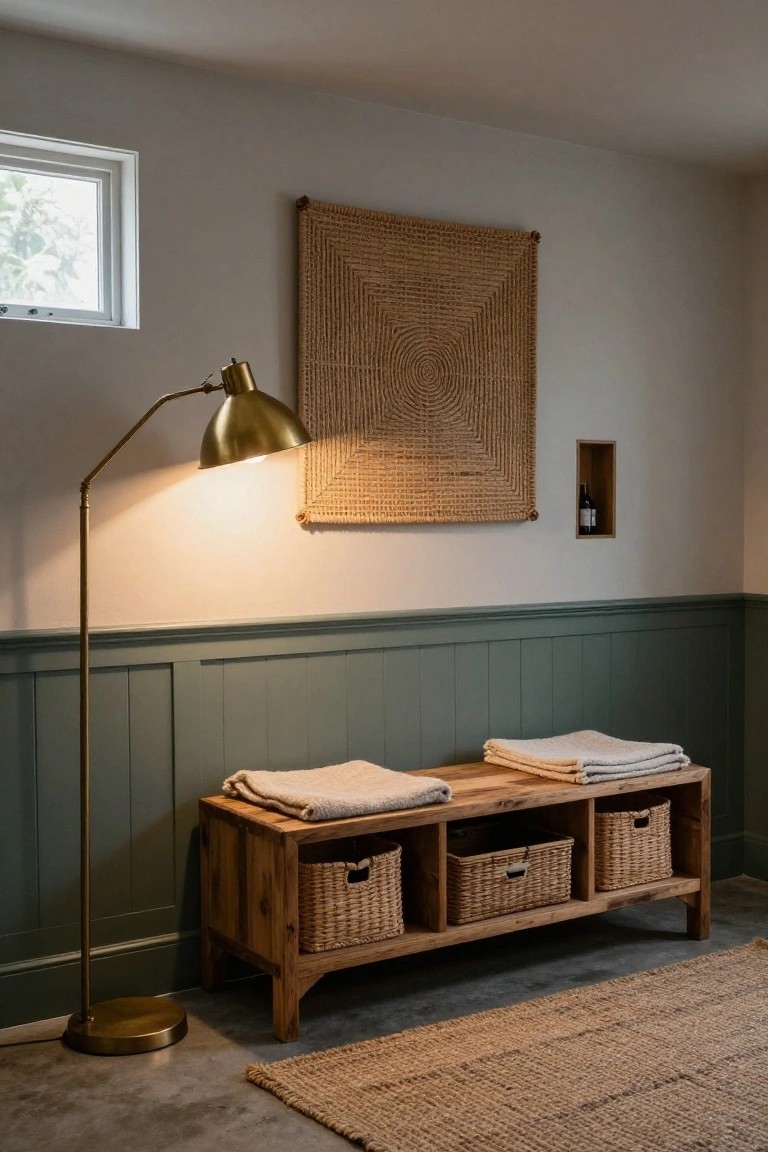 Wooden bench with folded white towels on top and wicker baskets in open cubbies sits against sage green wainscoting in a room with brass floor lamp, seagrass wall hanging, and concrete floor.