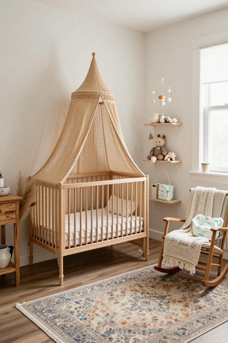 A beige rattan conical canopy drapes over a natural wood crib in a light nursery room with toy shelves, a rocking chair, potted plants, and a patterned rug on wood floors.