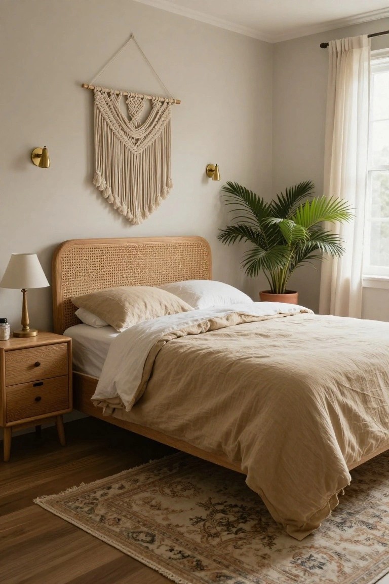 Bedroom with a bed featuring a light wood frame and woven cane headboard, beige linen bedding, wooden nightstand with lamp and vase, macrame wall hanging, gold wall sconces, potted palm plant, sheer curtains on window, and beige rug on wood floor.