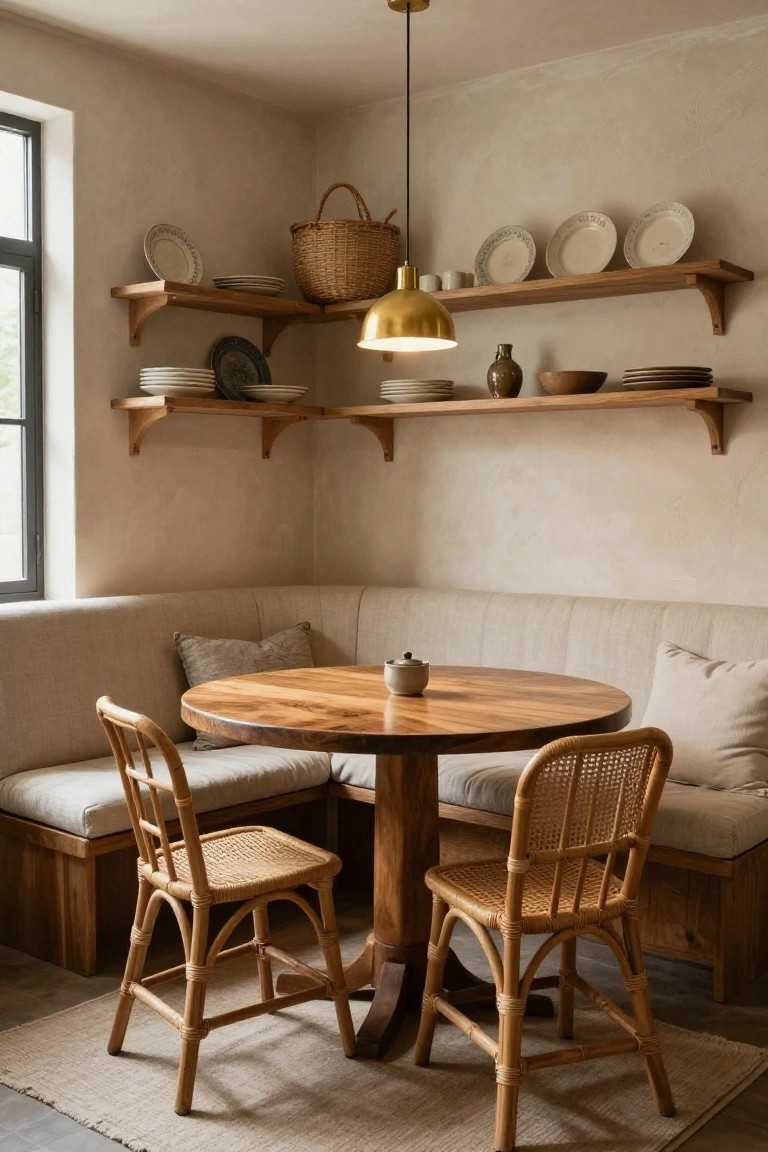 Beige corner booth seating with round wooden table, two rattan chairs, wooden shelves holding plates and baskets, brass pendant light, in a plaster-walled room.